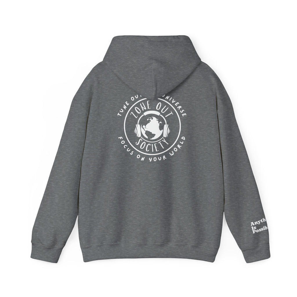 Tune Out The Universe Focus On Your World White Logo Hoodie