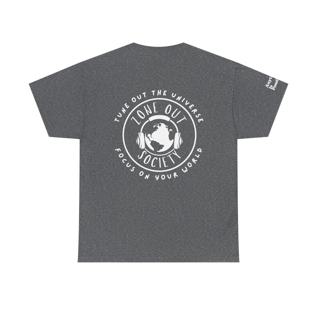Tune Out The Universe Focus on Your World White Logo Tee