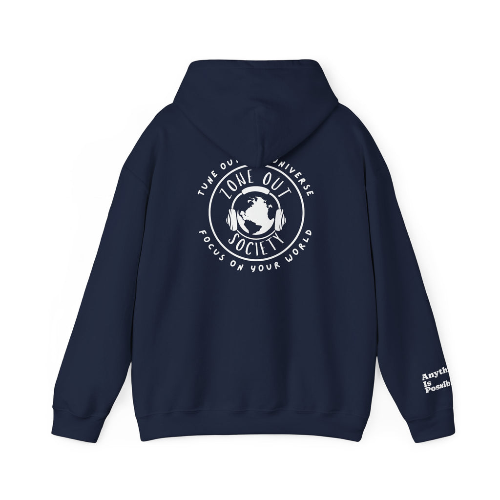 Tune Out The Universe Focus On Your World White Logo Hoodie
