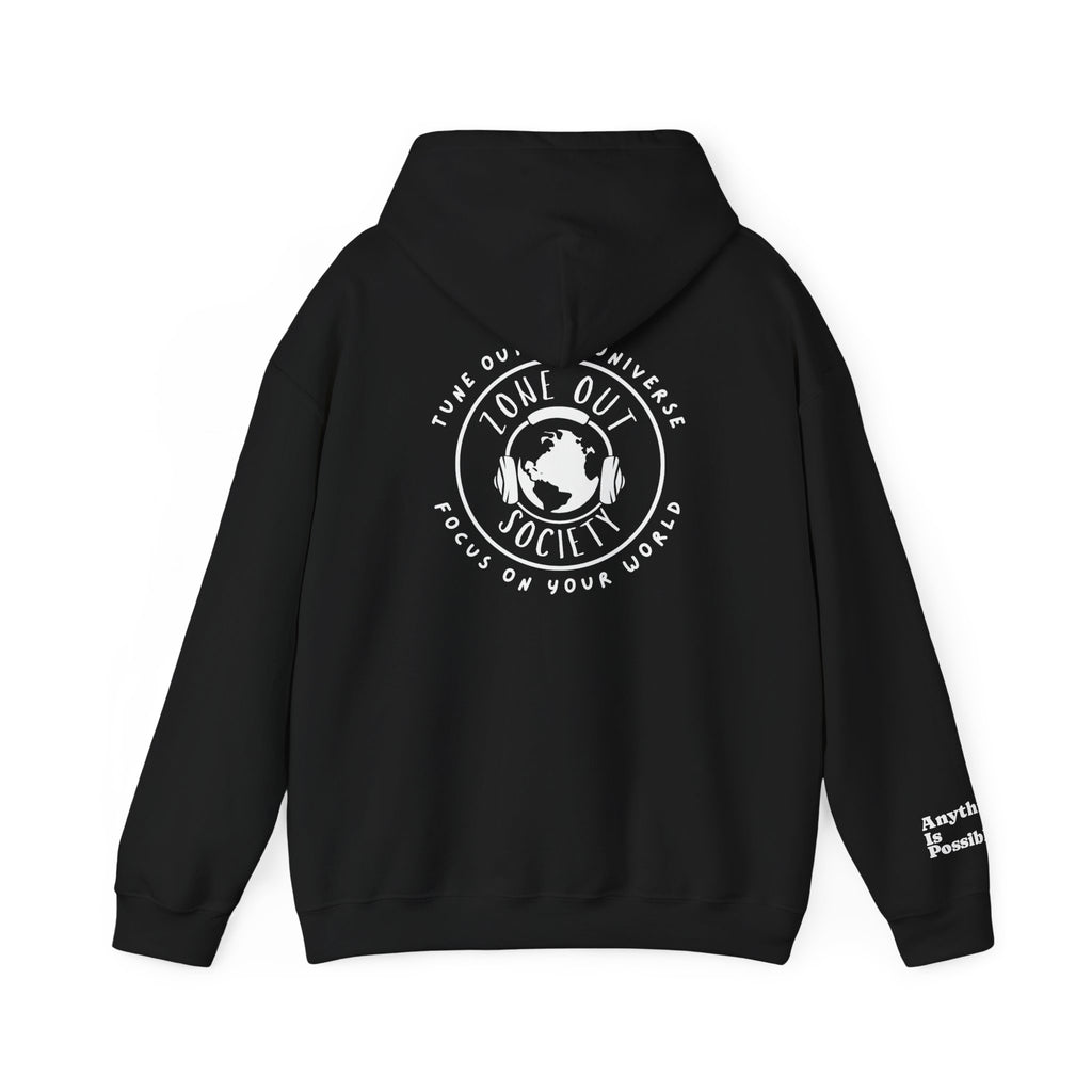 Tune Out The Universe Focus On Your World White Logo Hoodie