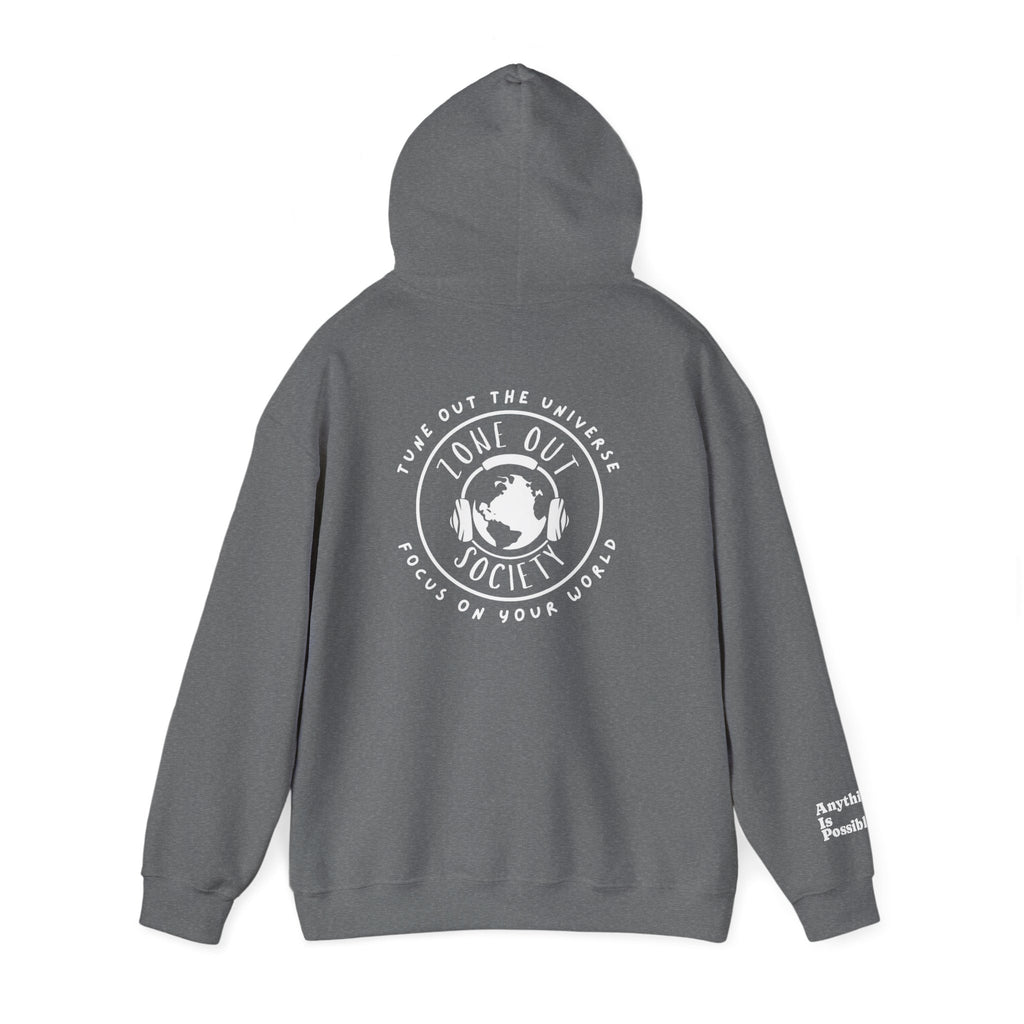 Tune Out The Universe Focus On Your World White Logo Hoodie